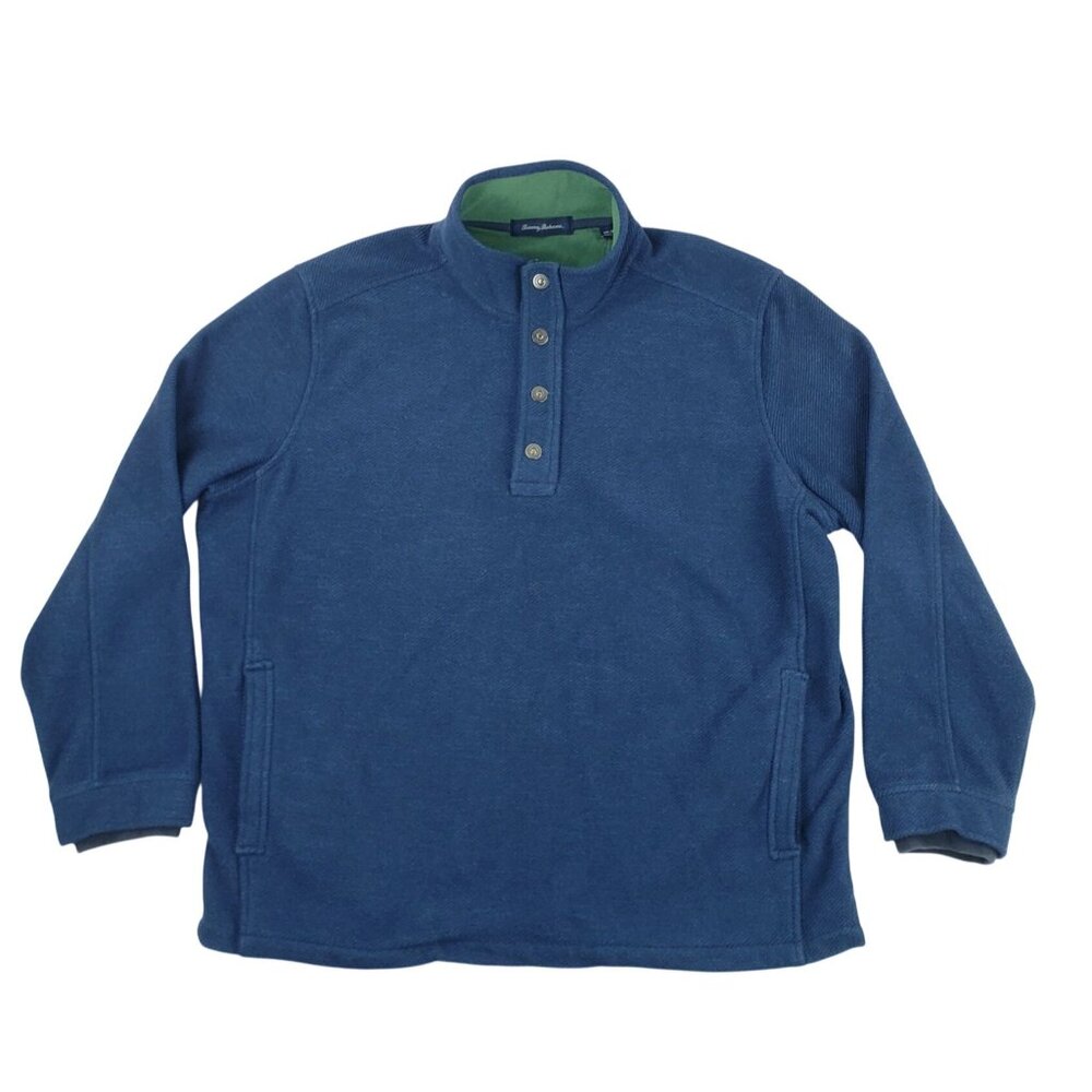 Tommy Bahama Men XXL Pull Over 1/4 Snap Fleece Lined Knit Sweatshirt Blue